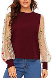 Women's Embroidered Floral Mesh Bishop Sleeve Loose Casual Blouse Top