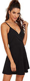 Women's V Neck Spaghetti Straps Sleeveless Sexy Backless Wrap Flare Dress Small Black