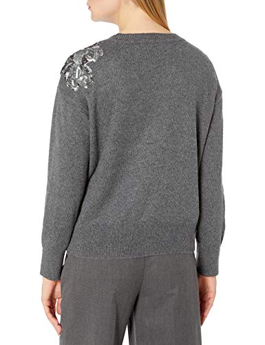 Women's Long Sleeve Embellished Floral Sweater, Medium Heather Grey, Large