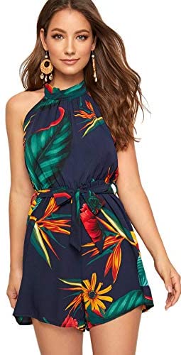 Women's Tropical Floral Tie Back Belted Halter Romper Boho Sleeveless Playsuit Summer Jumpsuit Casual Jumper