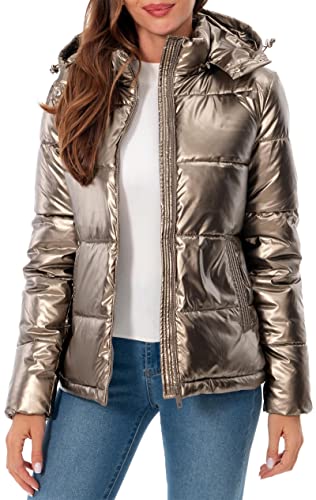 Women's Winter Hooded Shiny Puffer Jacket Casual Warm Quilted Full Zip Short Bubble Padded Coat (as1, alpha, s, regular, regular, Dark Gold, Small)