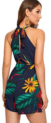 Women's Tropical Floral Tie Back Belted Halter Romper Boho Sleeveless Playsuit Summer Jumpsuit Casual Jumper
