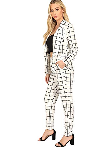 Women's Two Piece Plaid Geometric Open Front Long Sleeve Blazer and Elastic Waist Pant Set Suit