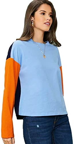 Women's Casual T-Shirt Color Block Drop Shoulder Long Sleeve Blouses Tops