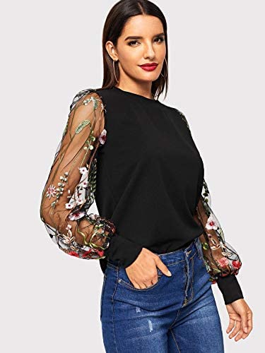 Women's Embroidered Floral Mesh Bishop Sleeve Loose Casual Blouse Top