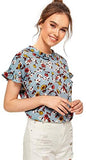 Women's Peter Pan Collar Floral Blouse Short Ruffle Sleeve Babydoll Shirt Top