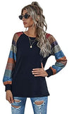 Women's Long Bishop Sleeve Round Neck Colorblock Causal Slim Cotton Pullover Blouse