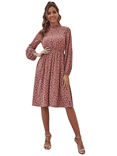 Women's Long Sleeve Ruffle Trim Self Tie Floral Print Short Dress Red Ditsy Floral Brown L
