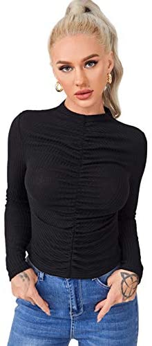 Women's Mock Neck Long Sleeve T Shirt Ruched Front Rib Knit Crop Tee Tops