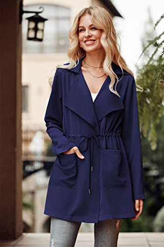 Women's Casual Lightweight Jackets Long Sleeve Drawstring Waist Lapel Trench Coat Outwear with Pockets