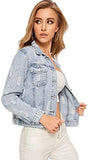 Women's Casual Long Sleeve Pockets Washed Distressed Denim Jean Jacket