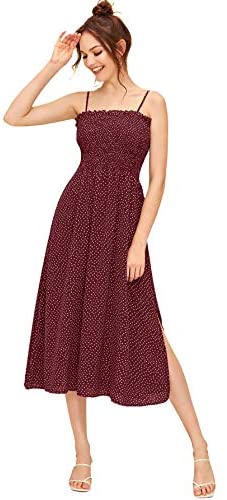 Women's Sleeveless Straps Shirred Polka Dot Ruffle Flare A Line Midi Dress