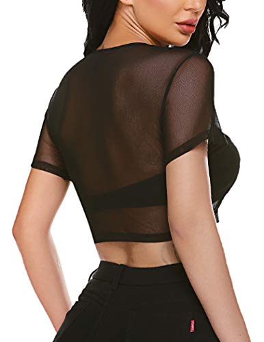 Mesh Crop Tee Short Sleeve See Thru Shirts Sexy Sheer Tops for Women Black M