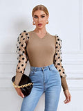 Women's Polka Dots Mesh Puff Long Sleeve V Neck Slim Fit Tops Blouse Shirts