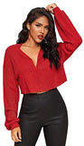 Women's Casual Rib Knit Long Sleeve V Neck Raw Hem Crop Tops Shirts