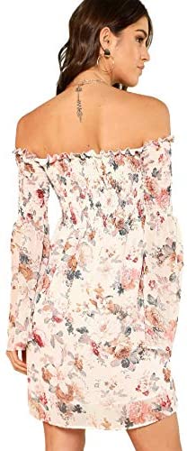 Women's Casual Floral Print Off Shoulder Trumpet Sleeve Swing Dress
