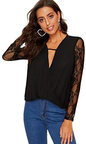 Women's Sexy Soild Deep V Neck Long Sleeve Drape Wrap Tops Lace Chiffon  Blouse