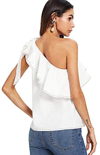 Women's Casual Sleeveless Tie Knot One Shoulder Ruffle Blouse Top
