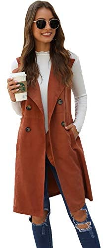 Women's Double Breasted Long Vest Jacket Casual Sleeveless Pocket Outerwear Longline