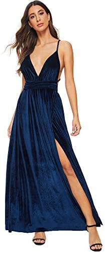 Women's Sexy Velvet Deep V Neck Backless Maxi Party Evening Dress