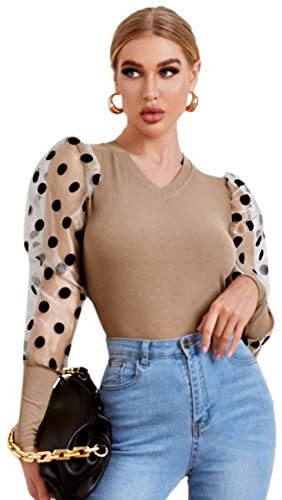 Women's Polka Dots Mesh Puff Long Sleeve V Neck Slim Fit Tops Blouse Shirts
