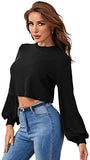 Women's Lantern Long Sleeve Round Neck T-Shirt Plain Frill Crop Tee Top