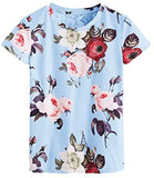 Women's Casual Round Neck Rose Floral Print Short Sleeve Summer Tee Tshirt