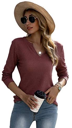 Women's Notched V Neck Long SleeveT-Shirt Solid Waffle Knit Tee Tops Redwood