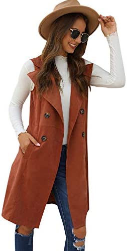 Women's Double Breasted Long Vest Jacket Casual Sleeveless Pocket Outerwear Longline