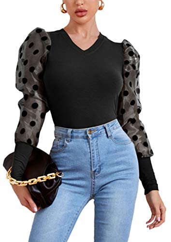 Women's Polka Dots Mesh Puff Long Sleeve V Neck Slim Fit Tops Blouse Shirts