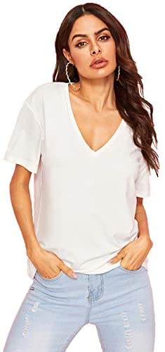 Women's Summer Teen Basic V Neck Short Sleeve Loose Casual Tee T-Shirt Top