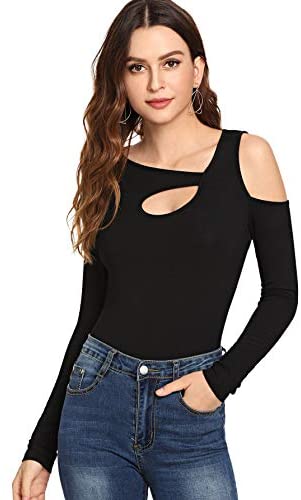 Women's Cutout Long Sleeve Tee Cold Shoulder Rib Knit T-Shirt Junior Tops
