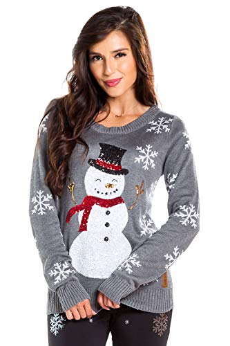 Women's Gray Sequin Snowman Christmas Sweater Size Small