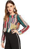 Women's Casual Long Sleeve Round Neck Tops Mixed Striped Blouse