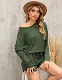 Women's Long Sleeve Loungewear Crewneck Pullover Tops Long Pants Sweatsuits Tracksuits with Pockets Army Green
