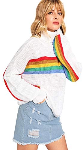 Women's High Neck Batwing Sleeve Striped Rainbow Pullovers Sweaters