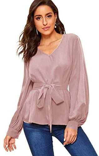 Women's Elegant Belted Long Sleeve Casual Office Work Blouse Shirts Tops
