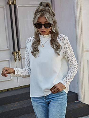 Women's Contrast Lace Long Sleeve Frill Mock Neck Work Blouse Tops