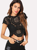 Women's See Through Mesh Lace Crop Top Crochet Short Sleeve Embroidered Tops Black