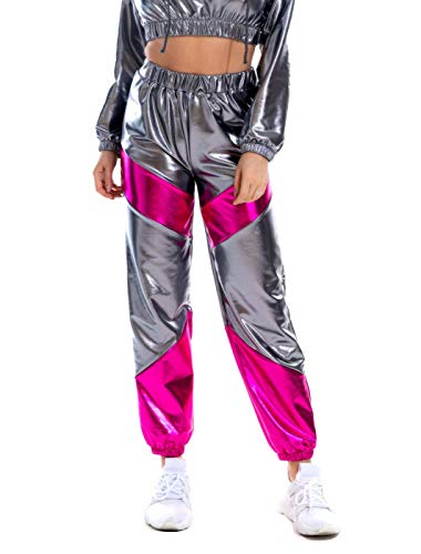 Womens Shiny Hight Waisted Metallic Jogger Pants, Color Block Sweatpants Stretchy Loose Workout Trousers Holographic Hip Hop Pant Club Wear (Gray, S)