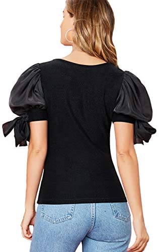 Women's Organza Puff Sleeve Self Tie Sleeve Round Neck Shirt Stretchy Blouse Top