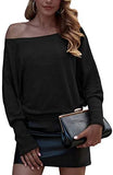 Women's Loose Ribbed Knit Shirts Batwing Long Sleeve Boat Neck Off Shoulder Blouse Tops