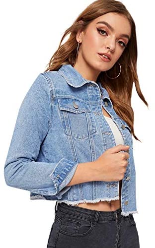 Women's Casual Long Sleeve Pockets Washed Distressed Denim Jean