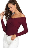 Women's Sexy Off Shoulder Long Sleeve T-Shirt Cross Wrap Ribbed Knit Tops