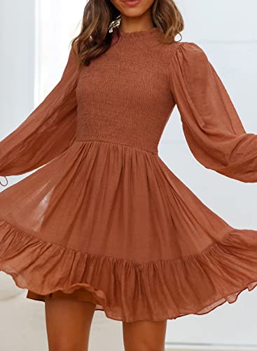 Womens Smocked Ruffle Hem A-Line Mini Dress Drawstring Puff Sleeve Solid Color C