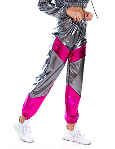 Womens Shiny Hight Waisted Metallic Jogger Pants, Color Block Sweatpants Stretch