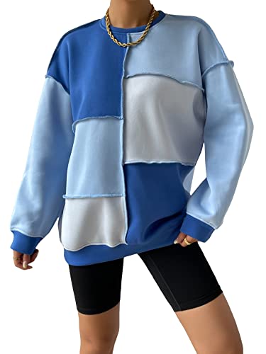 Women's Color Block Crew Neck Oversized Sweatshirt Drop Shoulder Casual Pullover