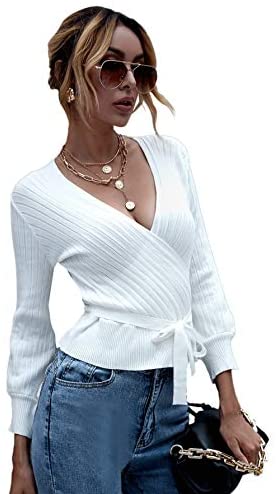 Women's Long Sleeve V Neck Wrap Front Tied Surplice Sweater Tops White One Size