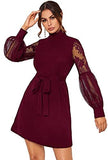 Women's Mesh Bishop Sleeve Mock Neck Solid Tunic Elegant Short Dress