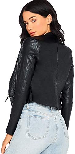 Women's Zipper Front Casual PU Leather Cropped Jacket Long Sleeve Bolero
